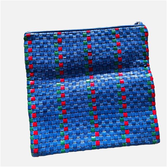 Clare V. Convertible Woven Leather Multicolor Fold Over Clutch Bag Purse Blue - Picture 2 of 7